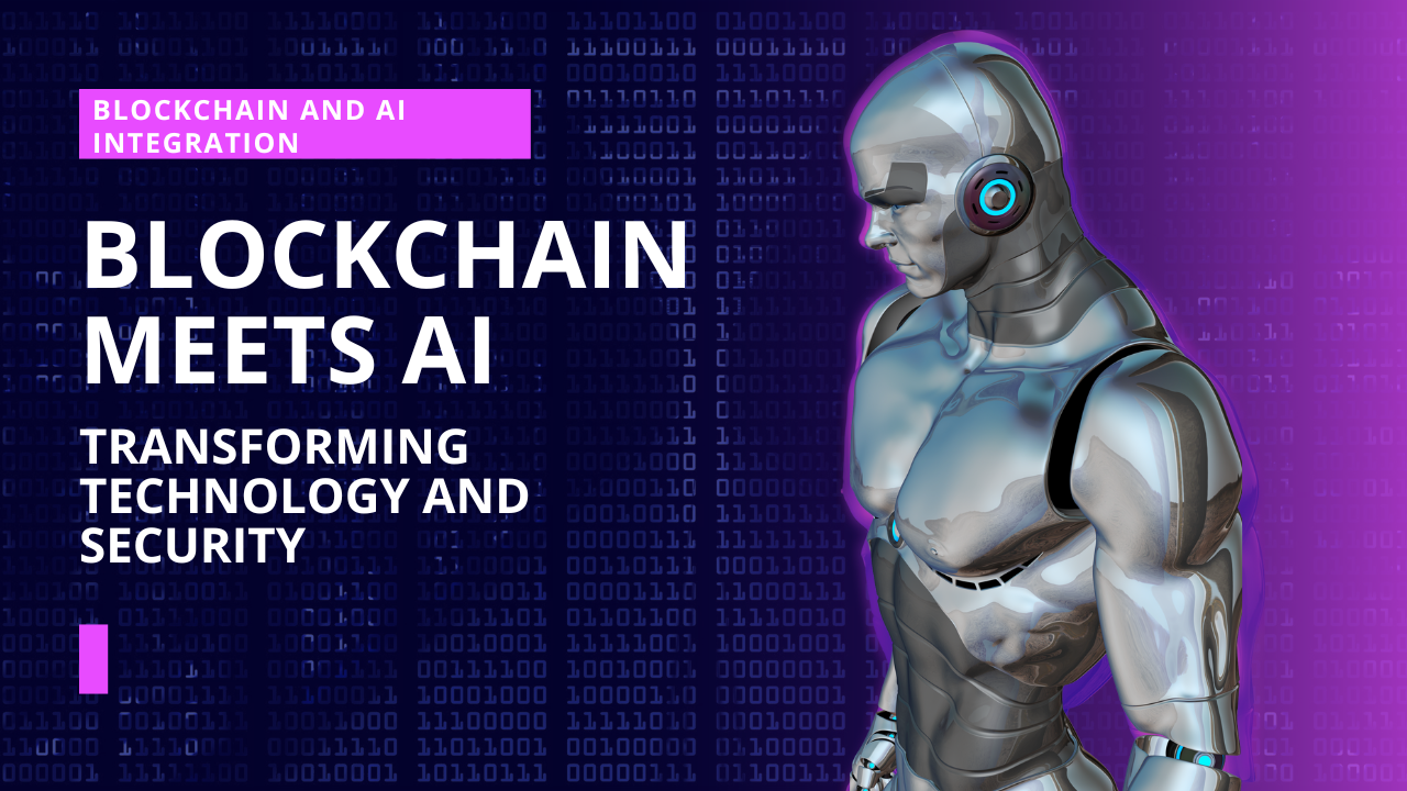 Blockchain meets AI: Transforming technology and security with blockchain and AI integration featuring a futuristic robot and binary code background.